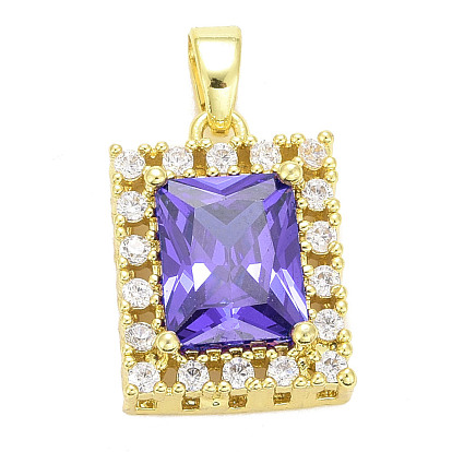 Brass Micro Pave Cubic Zirconia Pendants, Long-Lasting Plated, Real 18K Gold Plated, Rectangle