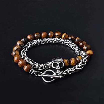 Bracelet en perles de pierre naturelle mélangée et en acier inoxydable avec chaînes de blé