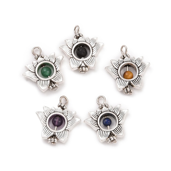 Natural Mixed Stone Pendants, Flower Charm, with Antique Silver Tone Alloy Findings