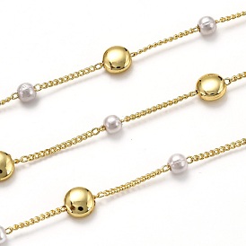 Handmade Brass Curb Chains, with Acrylic Imitation Pearl and Spool, Long-Lasting Plated, Soldered