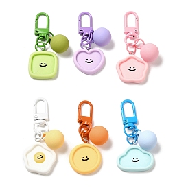 Porte-clés pendentif en acrylique visage souriant de dessin animé, avec breloque boule de bonbon et alliage, pour la décoration de sac de voiture