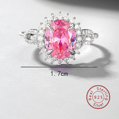 Rhodium Plated Sterling Silver Oval Adjustable Ring, with Pink Cubic Zirconia, with 925 Stamp
