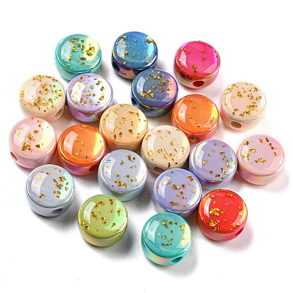 Opaque Acrylic European Beads, with Gold Foil, Large Hole Beads, Flat Round