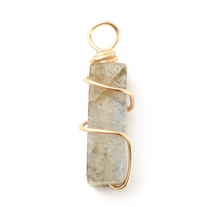 Natural Gemstone Pendants, with Golden Tone Copper Wire Wrapped, Cuboid