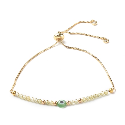 Brass Slider Bracelets, with Cubic Zirconia Beads, Handmade Evil Eye Lampwork Flat Round Beads