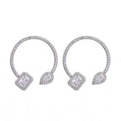 Brass Micro Pave Clear Cubic Zirconia Stud Earrings, Half Hoop Earrings, with Plastic Ear Nut, Long-Lasting Plated, Rectangle and Teardrop