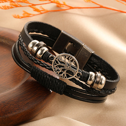 Leather Multi-strand Bracelets, Tree of Life Alloy Link Bracelet