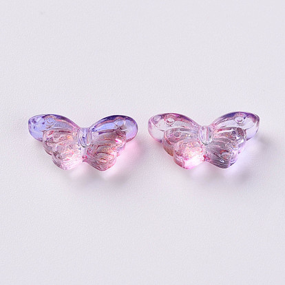 Two Tone Transparent Spray Painted Glass Beads, with Glitter Powder, Butterfly
