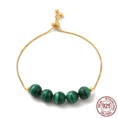 925 Sterling Silver Slider Bracelets, with Synthetic Malachite Round Beaded, with S925 Stamp