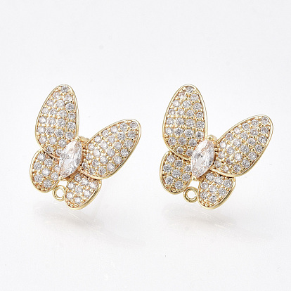 Brass Micro Pave Cubic Zirconia Stud Earring Findings, with Loop, Butterfly, Clear, Nickel Free, Real 18K Gold Plated