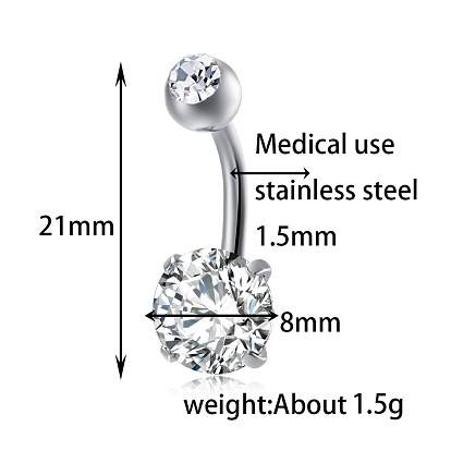 Bijoux piercing, anneau de nombril en laiton zircone cubique, anneaux de ventre, avec 304 barre en acier inoxydable, sans plomb et sans cadmium, plat rond