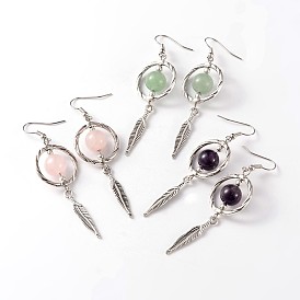 Alloy Natural Mixed Stone Dangle Earrings, with Brass Pins, 70mm, Pin: 0.7mm