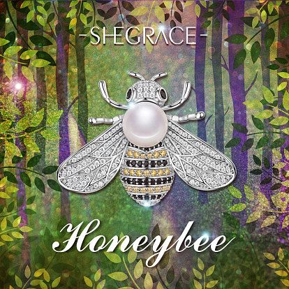 Broche de latón Shegrace, con circonita cúbica de grado aaa y perla, abejas