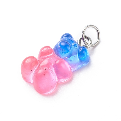 Gradient Color Transparent Resin Pendants, with Glitter Powder and Stainless Steel Color Tone 304 Stainless Steel Jump Rings, Bear Charm