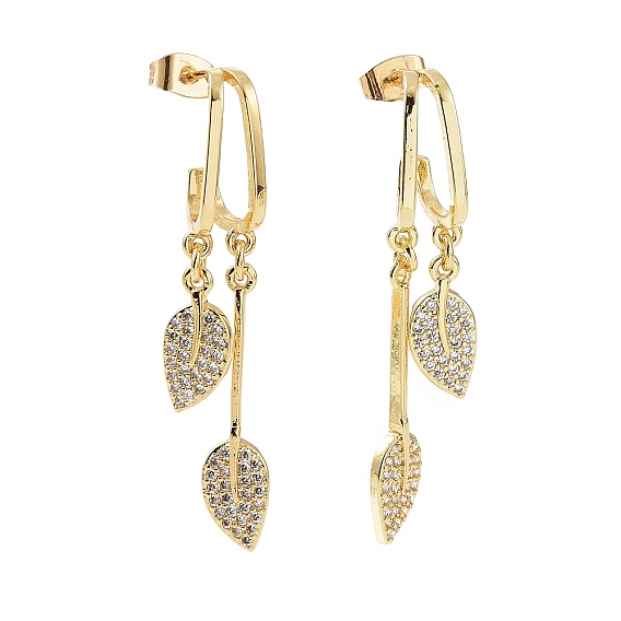 Clear Cubic Zirconia Leaf Dangle Stud Earrings, Brass Jewelry for Women