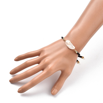 Bracelets coulissants ajustables à cordon torsadé en nylon, bracelets de liaison, avec perles de keshi perle baroque naturelle et perles en laiton arbre de vie