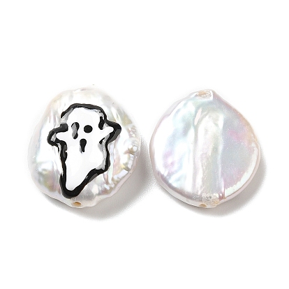Perles de perles de keshi naturelles de style baroque, perles thème halloween avec émail, plat rond, couleur de coquillage
