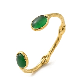 304 Stainless Steel Cuff Bangle with Natural Green Agate, Oval