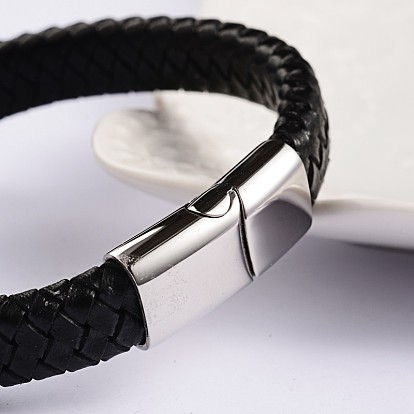 Cuir à la mode des bracelets de corde tressée, avec 304 fermoirs magnétiques en acier inoxydable, 220x12x6mm