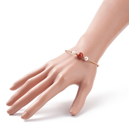 Bracelet en perles rondes avec pierres précieuses naturelles et perles, bracelet torque en laiton pour femme, or