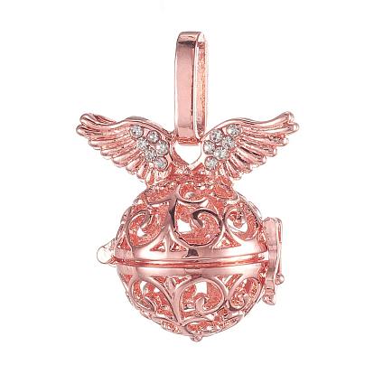Brass Cage Pendants, For Chime Ball Pendant Necklaces Making, Cadmium Free & Nickel Free & Lead Free, Hollow Round with Wing