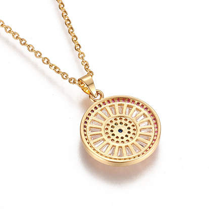 304 Stainless Steel Pendant Necklaces, with Brass Cubic Zirconia Pendants, Flat Round with Eye