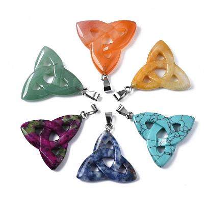 Mixtes pendentifs triangle de pierres précieuses avec fermoirs de cuivre, de couleur métal platine , 34x33x5.5mm, Trou: 10x4mm