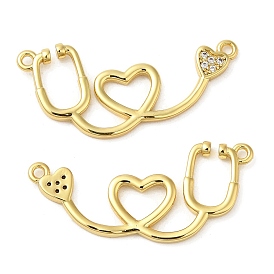 Rack Plating Brass Micro Pave Clear Cubic Zirconia Connector Charms, Heart Licenses Links, Lead Free & Cadmium Free, Long-Lasting Plated