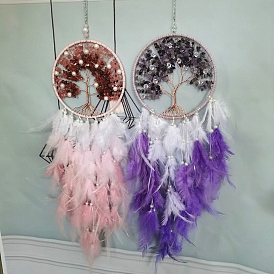 Woven Net/Web with Feather Art Pendant Decorations, with Natural Gemstone Chip, Plastic Bead