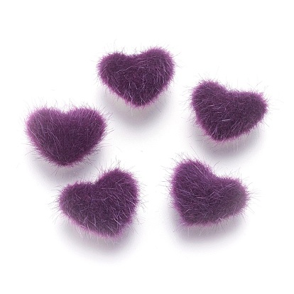 Faux Mink Fur Covered Cabochons, with Alloy Bottom, Heart