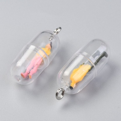 Plastic Mini Capsule Pendants, with Litter Doll & Platinum Tone Iron Findings