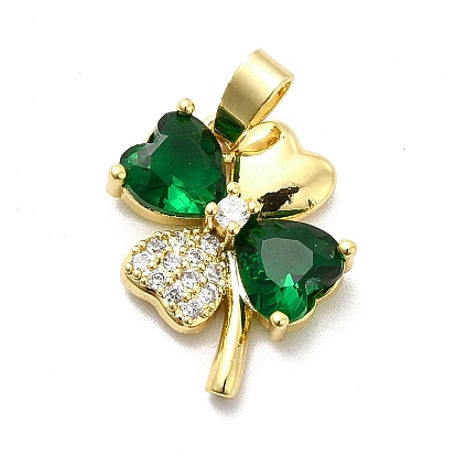 Brass Micro Pave Clear Cubic Zirconia Pendants, with Green Glass, Clover Charm