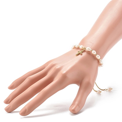 Adjustable Natural Pearl Beads Slider Bracelets, with 304 Stainless Steel Venetian Chains and Brass Cross Charm