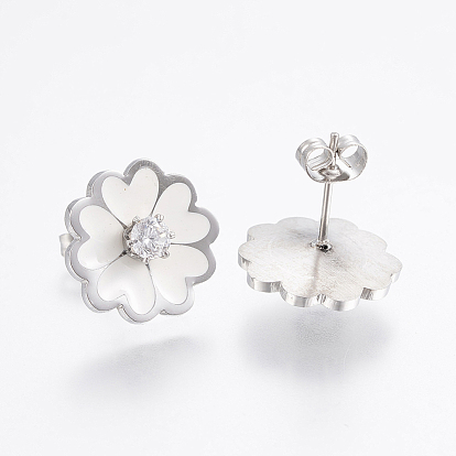 304 Stainless Steel Jewelry Sets, Pendants and Stud Earrings, with Enamel and Cubic Zirconia, Flower