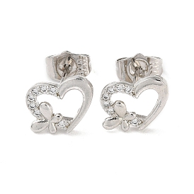 Brass Rhinestone Stud Earrings, Heart with Butterfly