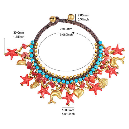 Bracelets de cheville à cordon ciré Shegrace, avec turquoise synthétique, copeaux de pierres précieuses, perles et breloques en laiton, Thème de l'océan