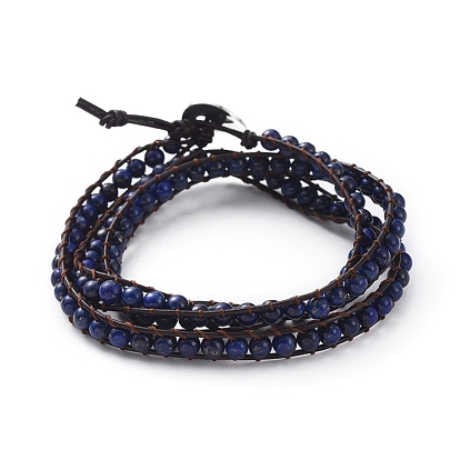 Bracelets de mode à trois boucles, avec des perles naturelles de pierres précieuses, cordon de cuir de vachette , 304 boutons de couture en acier inoxydable et sac de jute