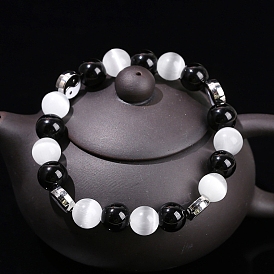 Cat Eye Bead Stretch Bracelets, Alloy Enamel Yin Yang Beaded Bracelets for Women