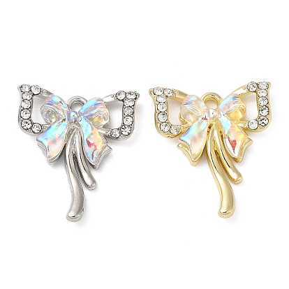 Rack Plating Alloy Pendant, with Acrylic and Rhinestone, Lead Free & Cadmium Free, Bowknot Charms