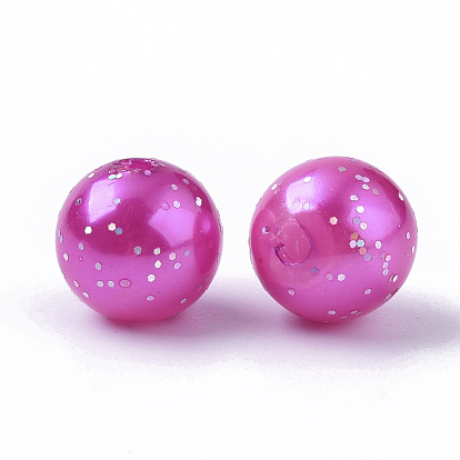 Fluorescent Plastic Beads, ABS Plastic Imitation Pearl Beads, with Glitter Powder, Round