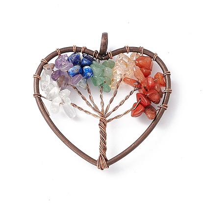 7 Chakra Heart Natural Mixed Stone Copper Wire Wrapped Chip Big Pendants, Tree of Life Charm, with Red Copper Tone Iron Findings
