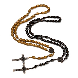 Alloy Religion Crucifix Cross Pendant Necklaces, Wood Beaded Necklace