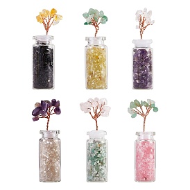 6 pcs 6 décorations d'affichage d'arbre d'argent de puce de pierre précieuse naturelle de style, avec des mini bouteilles de souhaits en verre