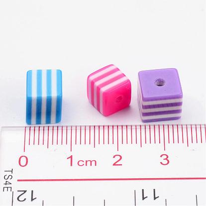 Resin Beads, Cube with Stripe Pattern, Mixed Color, 8x8x8mm, Hole: 1.5mm