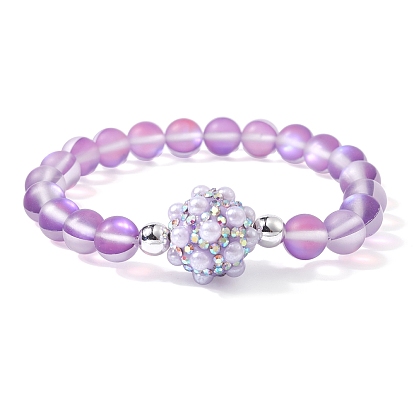 Frosted Round Synthetic Moonstone Beaded Bracelets, with Polymer Clay Rhinestone Beads, for Women