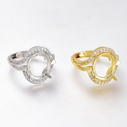 Componentes de anillo de dedo de zirconia cúbica transparente con micro pavé de latón ajustable, 4 configuraciones de anillo de punta de garra, larga duración plateado, oval