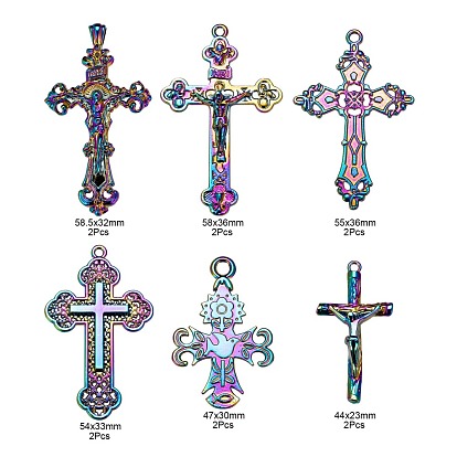 12Pcs 6 Style Alloy Pendants, Cadmium Free & Nickel Free & Lead Free, Cross with Jesus, Cross with Bird, Cross