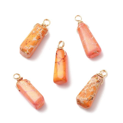 Natural Imperial Jasper Pendants, with Golden Tone Copper Wire Wrapped, Dyed, Trapezoid
