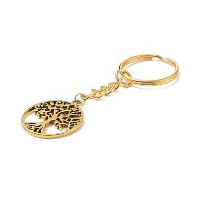 Tibetan Style Alloy Pendant Keychain, with Iron & 304 Stainless Steel Findings, Ring with Tree of Life