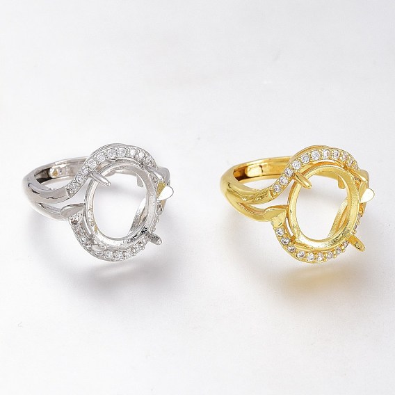 Componentes de anillo de dedo de zirconia cúbica transparente con micro pavé de latón ajustable, 4 configuraciones de anillo de punta de garra, larga duración plateado, oval